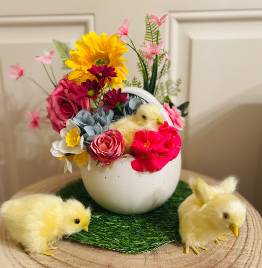 Baby Chick in Ceramic Egg Shell pot
